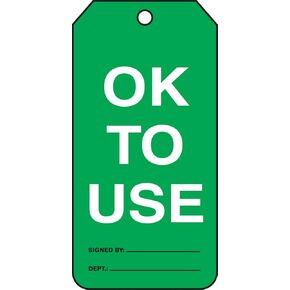 Accuform TRM108CTP Accuform PF-Cardstock Mini Tag, Legend "OK to Use", 4-1/4" Length x 2-1/8" Width x 0.010" Thickness, Black/White On Green (Pack of 25)