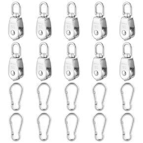 10Pcs M15 Single Small Pulley Block, 304 Stainless Steel Lifting Pulley with 10 Spring Snap Hooks, Wire Rope Hanging Pulley Wheel Towing Wheel