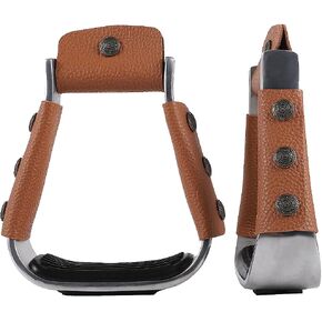 Western Stirrup Leathers Aluminum Stirrups Western Saddle Aluminum Stirrups Leather Wrapping, Removable Leather Cover, Wide Tread with Non-Slip Pads