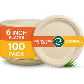 ECO SOUL 100% Compostable 6 Inch Small Paper Plates (100-Pack) Disposable Party Heavy Duty, Eco-Friendly, Appetizer, Dessert, Wedding Plates I Biodegradable Unbleached Sugarcane Eco Plates