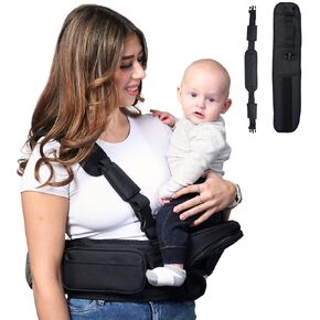 Baby Hip Carrier - Ergonomic Hip Seat Baby Carrier for Comfortable Babywearing - Detachable Shoulder Strap & PLUS SIZE Belt with Various Pockets from Newborn to Toddler Up to 44lb (Black)