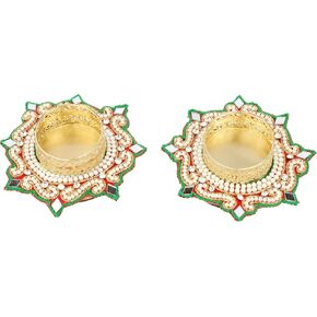 Set of 2 Decorative Mat Aasan T-Light Rangoli with Candle Holder Stand for Indian Traditional Festival Decoration Made up of Golden Embrodaries for Gifting Idea Home Decor(Size:-3")(Red,White)