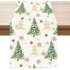 Christmas Trees Little Stars Snowflakes Winter Xmas Cloth Table Runner Burlap Table Decoration for Home Kitchen Dining Dinner Indoor Holiday Farmhouse Decor 13x72 Inch