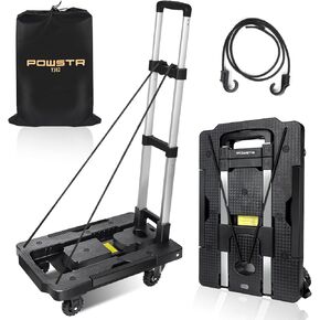 Upgraded Folding Hand Truck,290lbs Heavy Duty Foldable Dolly Cart with Brake Wheels，5 Wheels & 2 built-in fixed elastic cords，Adjustable Handle Luggage Cart for Airport, Moving, Shopping,Office