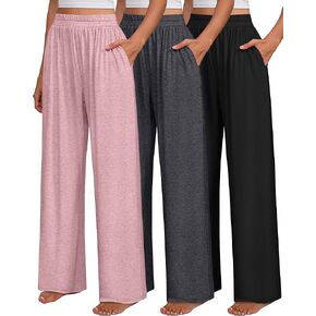 3 Pack Wide Leg Pants for Women with Pockets Comfy Elastic Waisted Lounge Pajama Pants Casual Yoga Sweatpants
