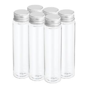 PATIKIL 80ml Plastic Test Tubes with Screw Caps, 6Pcs 128x33mm Flat Bottom Tubes for Scientific Party Decoration Candy Bead Storage Bath Salt, Silver Tone
