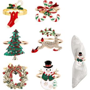 6pcs Christmas Napkin Rings, 1.6in in Diameter Christmas Napkin Holders Christmas Tree Reindeer Snowman Gold Holiday Napkin Rings for Xmas Holiday Party Settings Dinning Table Decoration