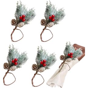 mdgfge Christmas Snowy Pine Cone Napkin Rings Set of 4, Cedar Napkin Ring Holders with Red Berries Xmas Napkin Holder Buckle for Christmas Kitchen Dining Party Wedding Holiday Table Decor Supplies