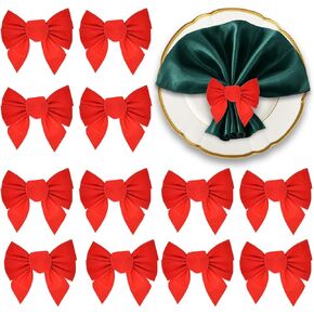 Set of 12 Christmas Napkin Rings Red Velvet Bow Xmas Napkins Holder Ring for Holiday Serviette Dinner Wedding Kitchen Dining Table Setting Home Party Supplies Tableware Decorations