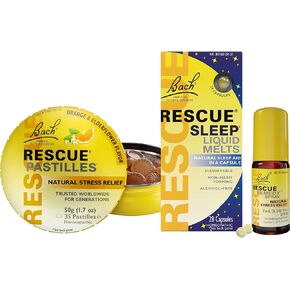 Travel Bundle, 3Pk - Bach Rescue PASTILLES, Orange & Elderflower Flavor, 35Ct and Rescue Liquid Melts 28Ct. and Rescue Remedy Spray 7mL - Flower Remedies