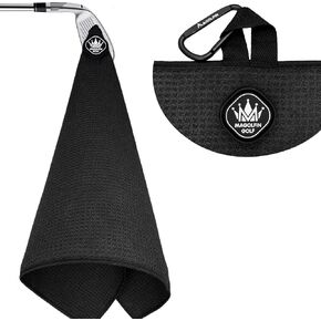 Magnetic Golf Towel with Carabiner Clip, Microfiber Waffle Design - Industrial Strength Magnet for Strong Hold to Golf Bags, Carts & Clubs - Black