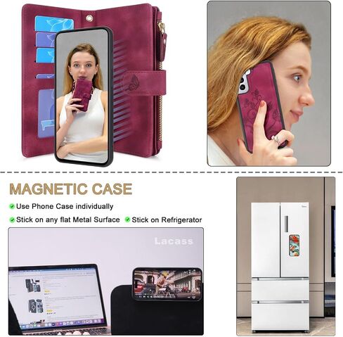 حافظة Lacass لهاتف Samsung Galaxy S21+ Plus G996U، [12 فتحة للبطاقات] حامل نقدي لبطاقة الهوية وجيب بسحاب وغطاء محفظة جلدية مغناطيسي قابل للفصل مع حبل معصم (زهري أرجواني داكن) in Saudi Arabia