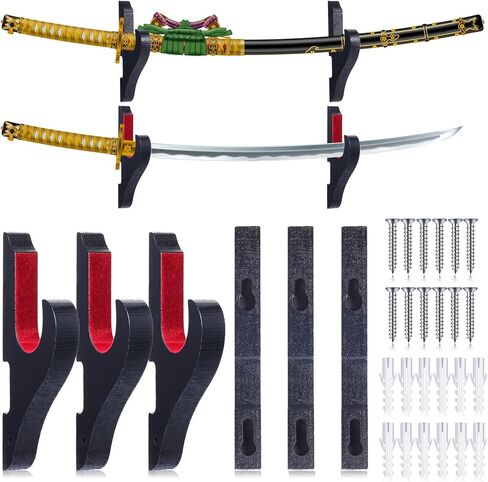 Sawysine مجموعة من 6 سيوف مثبتة على الحائط، خطاف مبطن مخملي، حامل سيف كاتانا، حامل سيف قابل للتعديل، شماعات عرض السيف مع الفانيلا لرف سلاح السيف التأثيري (وسادة طبقة واحدة) in Kuwait