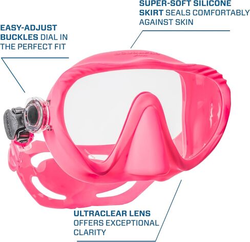 قناع الغوص SCUBAPRO Ghost Scuba، تصميم منخفض الحجم بدون إطار مع عدسة واحدة فائقة الوضوح، وتنورة من السيليكون وأبازيم حزام سهلة الضبط، وردي in Saudi Arabia