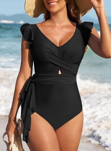 Aleumdr Women's One Piece Skirt Swimsuit Ruffle Tummy Control Swimdress V Neck Wrap Split Hem Swim Dresses in Kuwait