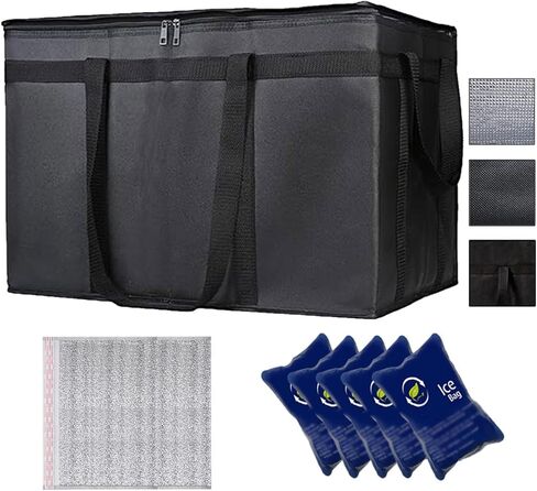 حقيبة توصيل الطعام المعزولة من NKA، حقيبة بيتزا كبيرة، حقيبة بقالة معزولة XXXL، حقيبة تبريد معزولة وسخان الطعام لتوصيل الطعام وتسوق البقالة مع سحاب علوي، حقيبة توصيل البيتزا، أسود in Kuwait