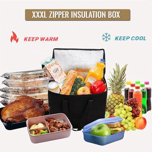 حقيبة توصيل الطعام المعزولة من NKA، حقيبة بيتزا كبيرة، حقيبة بقالة معزولة XXXL، حقيبة تبريد معزولة وسخان الطعام لتوصيل الطعام وتسوق البقالة مع سحاب علوي، حقيبة توصيل البيتزا، أسود in Kuwait