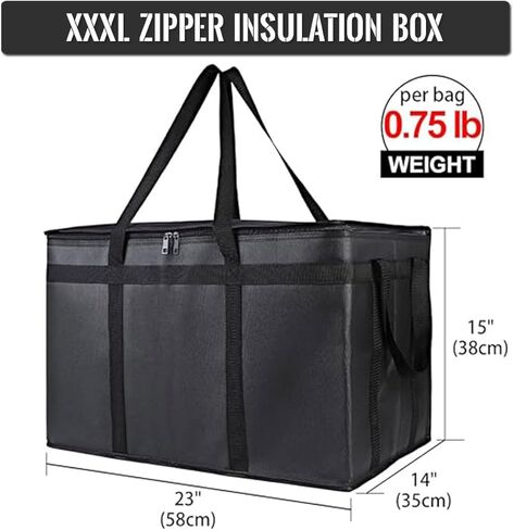 حقيبة توصيل الطعام المعزولة من NKA، حقيبة بيتزا كبيرة، حقيبة بقالة معزولة XXXL، حقيبة تبريد معزولة وسخان الطعام لتوصيل الطعام وتسوق البقالة مع سحاب علوي، حقيبة توصيل البيتزا، أسود in Kuwait