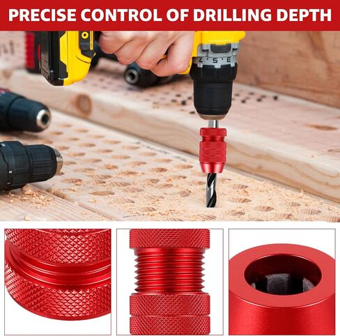 2Pcs Drill Depth Stop Adjustable Drill Bit Stop Collar Set Aluminum Alloy Drill Stop Precise Drill Size Range 5/64inch-3/16inch 15/64inch-7/16inch for Furniture Tile Metal Wood(gules) in Kuwait