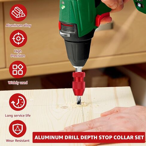 2Pcs Drill Depth Stop Adjustable Drill Bit Stop Collar Set Aluminum Alloy Drill Stop Precise Drill Size Range 5/64inch-3/16inch 15/64inch-7/16inch for Furniture Tile Metal Wood(gules) in Kuwait