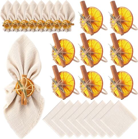 16 قطعة من حلقات منديل عيد الميلاد المحايدة والمناديل من القماش البرتقالي المجفف وعصا القرفة وعصا المزرعة وحامل مناديل الابازيم مقاس 17 × 17 بوصة من قماش المناديل القطنية لعيد الميلاد وحفلات الزفاف وحفلات الزفاف والديكور الريفي in Kuwait