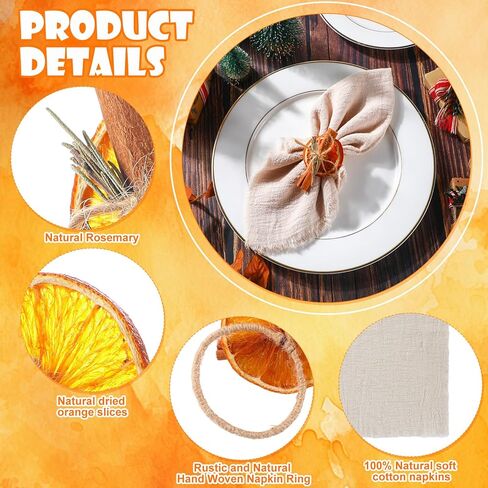 16 قطعة من حلقات منديل عيد الميلاد المحايدة والمناديل من القماش البرتقالي المجفف وعصا القرفة وعصا المزرعة وحامل مناديل الابازيم مقاس 17 × 17 بوصة من قماش المناديل القطنية لعيد الميلاد وحفلات الزفاف وحفلات الزفاف والديكور الريفي in Kuwait