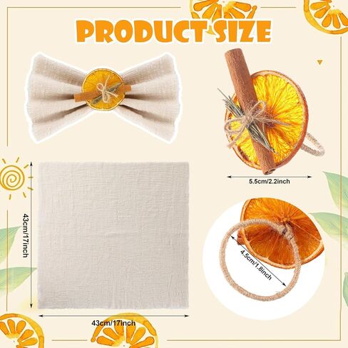 16 قطعة من حلقات منديل عيد الميلاد المحايدة والمناديل من القماش البرتقالي المجفف وعصا القرفة وعصا المزرعة وحامل مناديل الابازيم مقاس 17 × 17 بوصة من قماش المناديل القطنية لعيد الميلاد وحفلات الزفاف وحفلات الزفاف والديكور الريفي in Kuwait