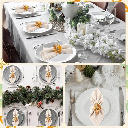 16 قطعة من حلقات منديل عيد الميلاد المحايدة والمناديل من القماش البرتقالي المجفف وعصا القرفة وعصا المزرعة وحامل مناديل الابازيم مقاس 17 × 17 بوصة من قماش المناديل القطنية لعيد الميلاد وحفلات الزفاف وحفلات الزفاف والديكور الريفي in Kuwait