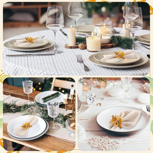 16 قطعة من حلقات منديل عيد الميلاد المحايدة والمناديل من القماش البرتقالي المجفف وعصا القرفة وعصا المزرعة وحامل مناديل الابازيم مقاس 17 × 17 بوصة من قماش المناديل القطنية لعيد الميلاد وحفلات الزفاف وحفلات الزفاف والديكور الريفي in Kuwait