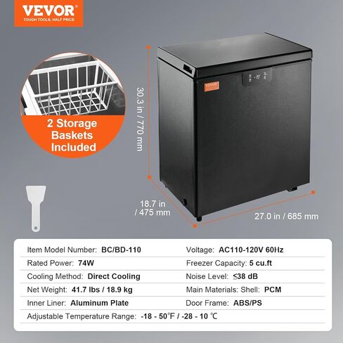 VEVOR Chest Freezer, 10 Cu.ft Compact Deep Freezer, Free Standing Top Open Door Compact Freezers with 2 Removable Baskets & Adjustable Thermostat, Energy Saving & Low Noise, White in Saudi Arabia