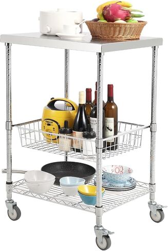 3-Tier Wire Rolling Utility Cart, Kitchen Utility Cart 20"x24"x36.6", Stainless Steel Service Cart with Brake Wheels, Commercial Serving Trolley Cart w Storage Basket for Indoor & Outdoor in Saudi Arabia