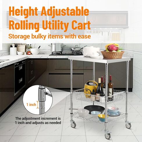 3-Tier Wire Rolling Utility Cart, Kitchen Utility Cart 20"x24"x36.6", Stainless Steel Service Cart with Brake Wheels, Commercial Serving Trolley Cart w Storage Basket for Indoor & Outdoor in Saudi Arabia