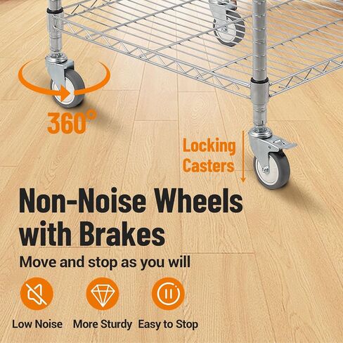 3-Tier Wire Rolling Utility Cart, Kitchen Utility Cart 20"x24"x36.6", Stainless Steel Service Cart with Brake Wheels, Commercial Serving Trolley Cart w Storage Basket for Indoor & Outdoor in Saudi Arabia