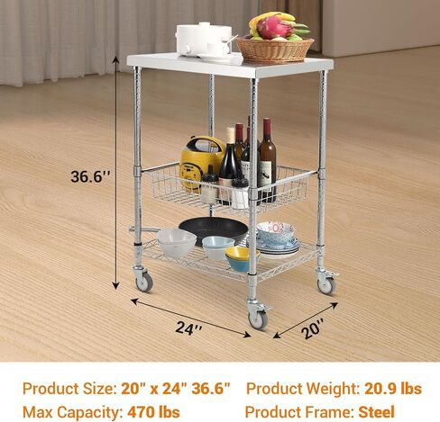 3-Tier Wire Rolling Utility Cart, Kitchen Utility Cart 20"x24"x36.6", Stainless Steel Service Cart with Brake Wheels, Commercial Serving Trolley Cart w Storage Basket for Indoor & Outdoor in Saudi Arabia