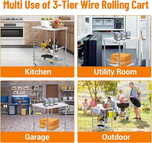 3-Tier Wire Rolling Utility Cart, Kitchen Utility Cart 20"x24"x36.6", Stainless Steel Service Cart with Brake Wheels, Commercial Serving Trolley Cart w Storage Basket for Indoor & Outdoor in Saudi Arabia