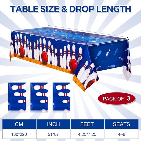 Preboun 3 Pcs Bowling Party Tablecloth 51" x 87" Bowling Party Decorations Bowling Ball Rectangular Table Cover Waterproof Tabletop Plastic Bowling Birthday Party Supplies for Kitchen Dining in Kuwait