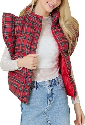 Kedera Women's Ruffle Sleeve Puffy Puffer Vests Winter Button Down Padded Gilet with Pocket in Kuwait