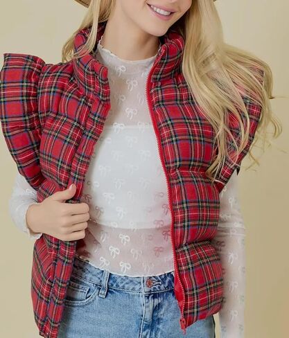 Kedera Women's Ruffle Sleeve Puffy Puffer Vests Winter Button Down Padded Gilet with Pocket in Kuwait