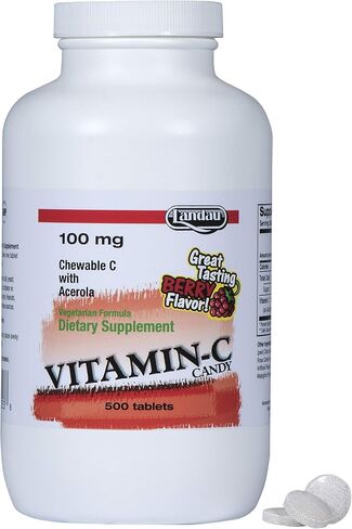 Landau 100mg Chewable Vitamin C Candy for Kids & Adults – Easy-to-Take Vitamin C Supplement with Acerola – Kosher & Made in The USA – Great Tasting Berry Flavor, 250 Tablets in Saudi Arabia