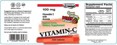 Landau 100mg Chewable Vitamin C Candy for Kids & Adults – Easy-to-Take Vitamin C Supplement with Acerola – Kosher & Made in The USA – Great Tasting Berry Flavor, 250 Tablets in Saudi Arabia