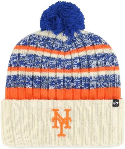 قبعة شتوية من 47 New York Mets Beanie للرجال والنساء من نسيج بوم محبوك، مقاس قابل للتمدد، كريمي/أبيض طبيعي، مقاس واحد in Saudi Arabia