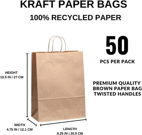 Brown Bags with Handles 10.5 x 8.25 x 4.75 in - Eco-Friendly Kraft Paper, Recycled Brown Gift Bags Ideal for Shopping & Arts and Crafts, Sturdy Stand-Up Design in Saudi Arabia