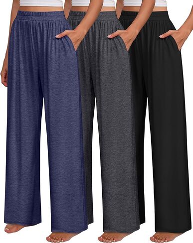 عبوة من 3 سراويل واسعة الساق للنساء مع جيوب، سراويل بيجاما مريحة بخصر مطاطي، سراويل رياضية لليوجا in Kuwait