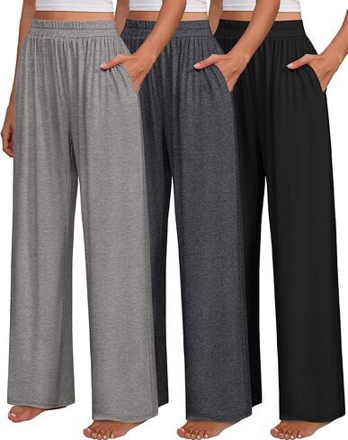 3 Pack Wide Leg Pants for Women with Pockets Comfy Elastic Waisted Lounge Pajama Pants Casual Yoga Sweatpants in Saudi Arabia
