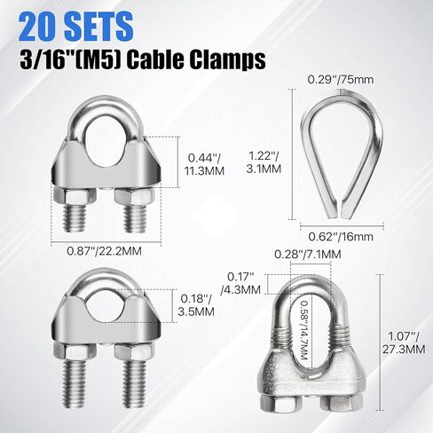 3/16 بوصة مشبك كابلات M5 حبل كليب ، 304 سلك فولاذي مقاوم للصدأ حبل كابل كليب المشبك كشتبان مناسبة لحبل سلك 3/16 بوصة in Kuwait