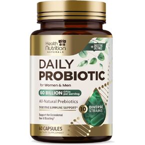 Daily Probiotic and Acidophilus Prebiotic Supplement 60 Billion CFU Capsule for Women & Men - 10 Diverse Strains - for Bloating Gas & Digestive Gut & Immune Health Support, Gluten Free - 120 Capsules