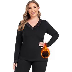 Plus Size Thermal Underwear for Women Long Sleeve Undershirt Lace V Neck Shirts Fleece Lined Tops Base Layer