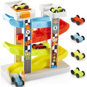 Car Ramp Race Track, 4 Layers – Stable, Durable, and Safe for Toddlers with Multiple Parking Spaces and Button Trigger Start, Birthday Gift, Xmas Toy for Babies Kids Age 18M+ 1 Year Old