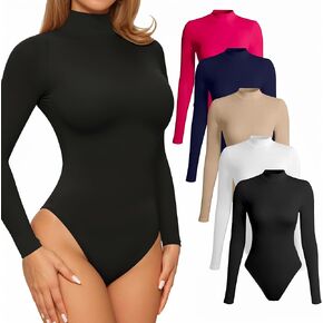 5 Pack Long Sleeve Turtle Neck Bodysuits for Women Slim Fit Mock Neck Body Suits Basic Multicolor Bodysuit Tops