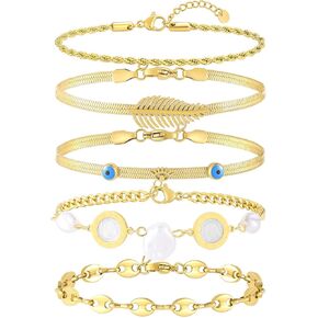 Gold Bracelets Stack for Women Trendy, Dainty 14K Real Gold Plated Jewelry Stackable Beaded Herringbone Rope Cable Adjustable Waterproof Chain Bracelet Pack Set Minimalist Tiny Cute Gifts for Women